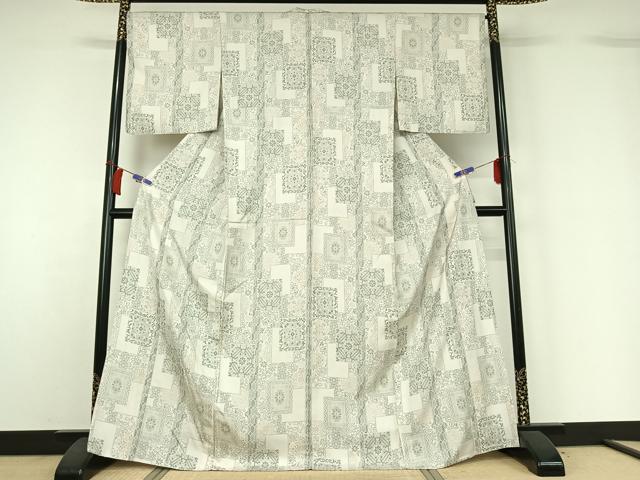 平和屋着物▽上質な紬　単衣　正倉院花文　正絹　逸品　AABH5567jh