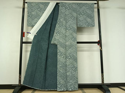 平和屋着物▽山岡古都・古都染人　染織美術品　薬墨染　天目織　お召　単衣　松竹梅　ほていや扱い　反端付き　正絹　逸品　AABH5580jh