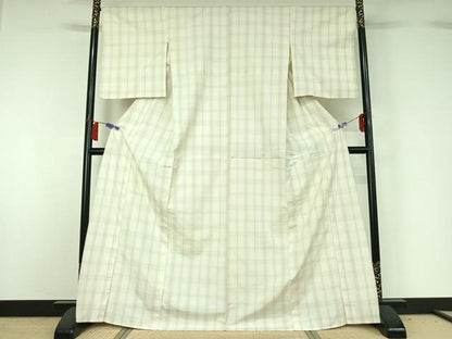 平和屋着物▽上質な紬　単衣　格子　正絹　逸品　AABH5592jh