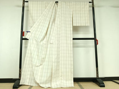 平和屋着物▽上質な紬　単衣　格子　正絹　逸品　AABH5592jh