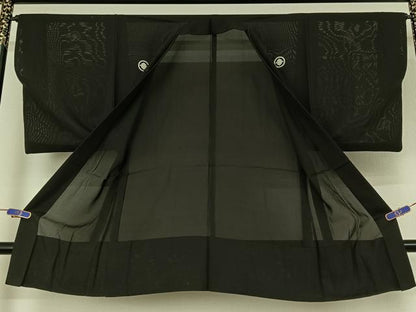 平和屋着物▽男性　黒紋付羽織　スリーシーズン　春夏秋　塵除け　絽　暗黒色　正絹　逸品　AABH5599jh