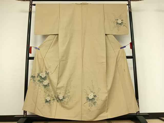 平和屋着物▽訪問着　単衣　紬地　作家物　手描き　草花文　正絹　逸品　AABH5604jh 平和屋着物▽訪問着 単衣 紬地 作家物 手描き 草花文 正絹 逸品