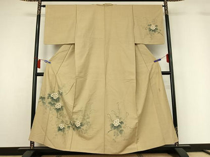 平和屋着物▽訪問着　単衣　紬地　作家物　手描き　草花文　正絹　逸品　AABH5604jh