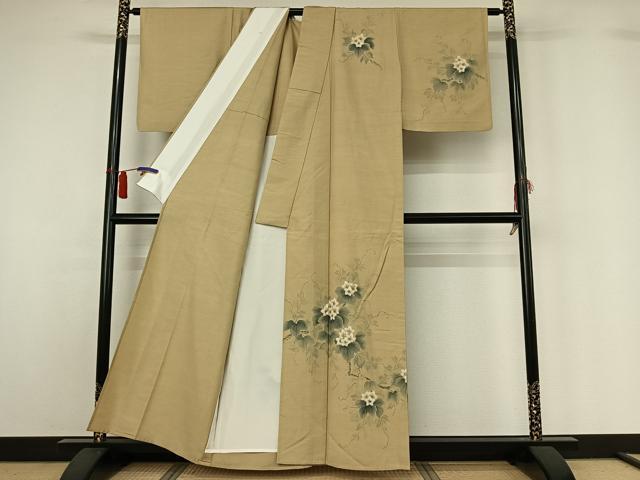 平和屋着物▽訪問着　単衣　紬地　作家物　手描き　草花文　正絹　逸品　AABH5604jh