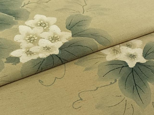 平和屋着物▽訪問着 単衣 紬地 作家物 手描き 草花文 正絹