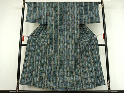 平和屋着物▽上質な紬　単衣　幾何学文様　正絹　逸品　AABH5606jh
