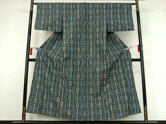 平和屋着物▽上質な紬　単衣　幾何学文様　正絹　逸品　AABH5606jh