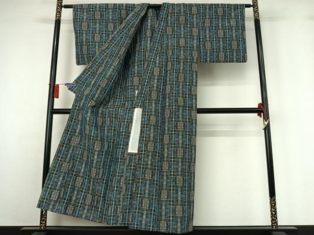 平和屋着物▽上質な紬　単衣　幾何学文様　正絹　逸品　AABH5606jh