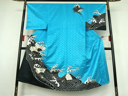 平和屋着物▽男性　訪問着　単衣　立波扇面文　金彩　洗える着物　AABH5608jh