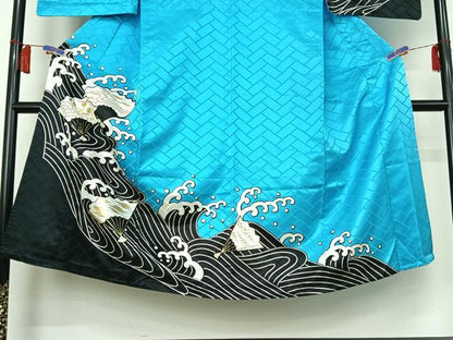 平和屋着物▽男性　訪問着　単衣　立波扇面文　金彩　洗える着物　AABH5608jh