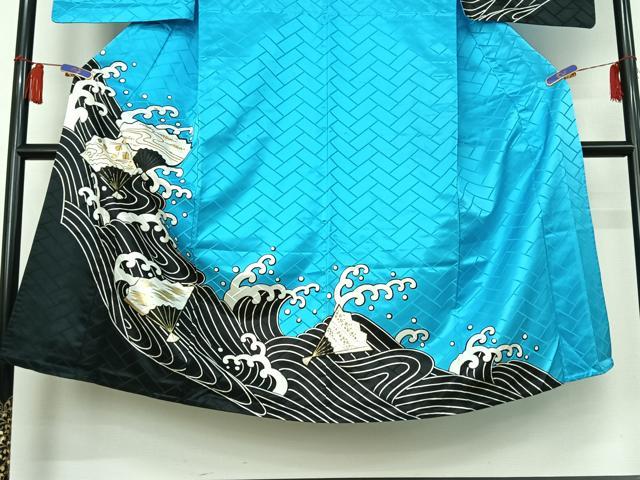 平和屋着物▽男性　訪問着　単衣　立波扇面文　金彩　洗える着物　AABH5608jh