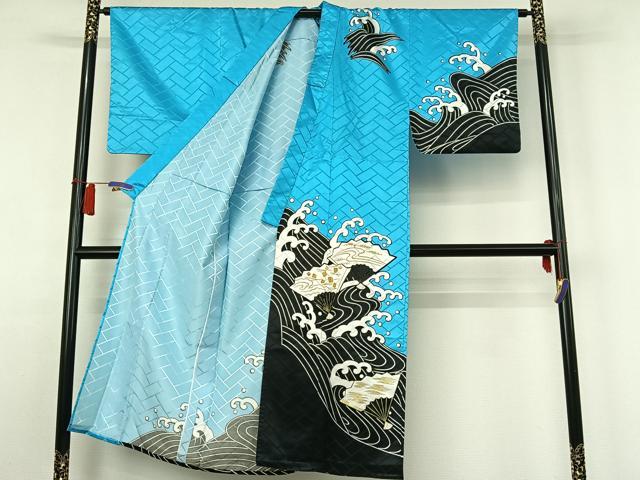 平和屋着物▽男性　訪問着　単衣　立波扇面文　金彩　洗える着物　AABH5608jh