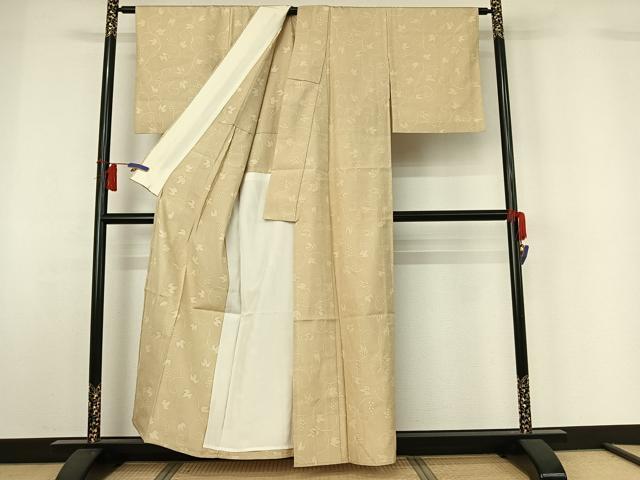 平和屋着物▽上質な小紋　単衣　紬地　手描き　南天文　正絹　逸品　AABH5612jh