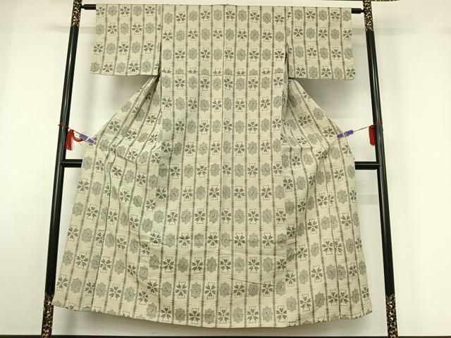 平和屋着物▽上質な紬　単衣　幾何学花文　正絹　逸品　AABH5617jh
