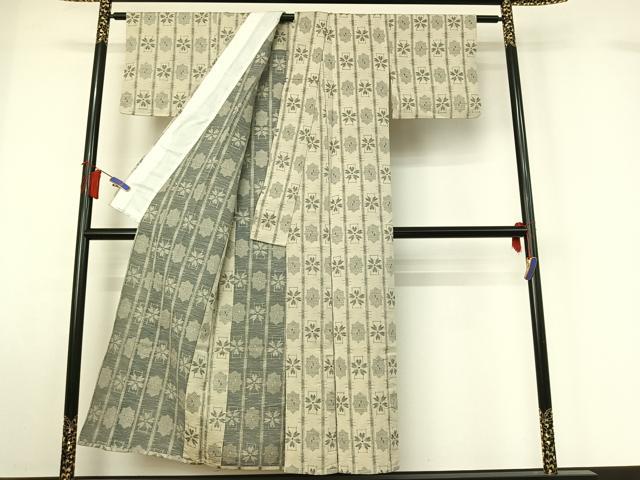 平和屋着物▽上質な紬　単衣　幾何学花文　正絹　逸品　AABH5617jh