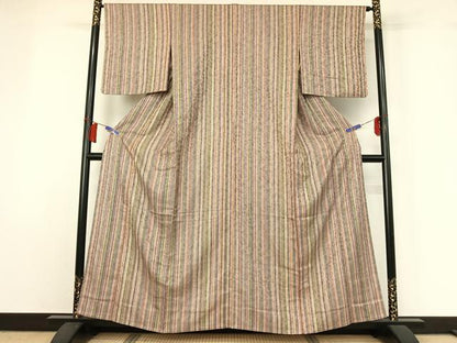 平和屋着物▽上質な小紋　単衣　縞　正絹　逸品　AABH5620jh