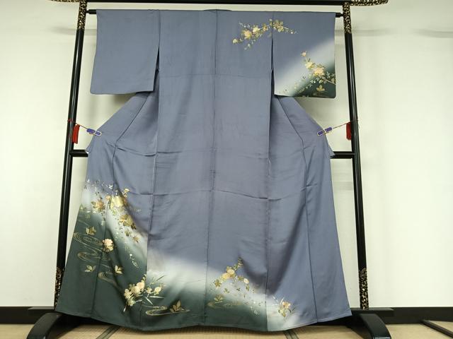 平和屋着物▽訪問着　単衣　螺鈿　流水枝花文　暈し染め　金彩　正絹　逸品　AABH5629jh 平和屋着物▽訪問着 単衣 螺鈿 流水枝花文 暈し染め