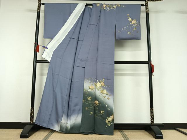 平和屋着物▽訪問着　単衣　螺鈿　流水枝花文　暈し染め　金彩　正絹　逸品　AABH5629jh