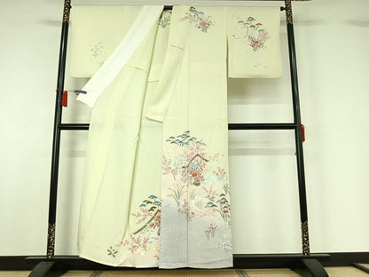 平和屋着物▽訪問着　単衣　流水飾花文　暈し染め　金彩　正絹　逸品　AABH5631jh