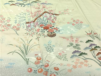 平和屋着物▽訪問着　単衣　流水飾花文　暈し染め　金彩　正絹　逸品　AABH5631jh