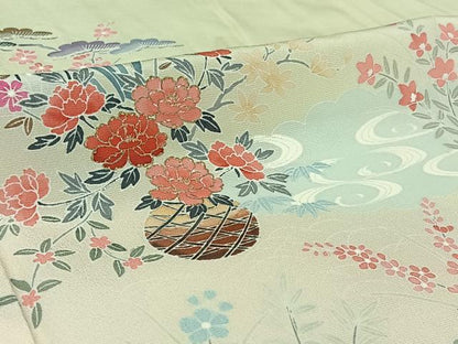 平和屋着物▽訪問着　単衣　流水飾花文　暈し染め　金彩　正絹　逸品　AABH5631jh