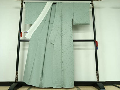 平和屋着物▽上質な色無地　単衣　草花地紋　青磁鼠色　正絹　逸品　AABH5632jh