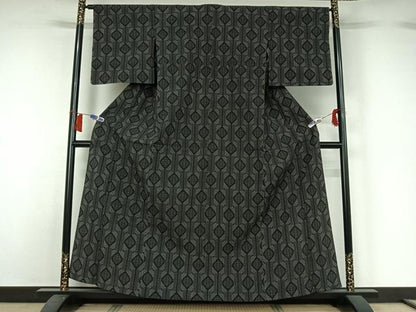 平和屋着物▽本塩沢　単衣　幾何学文様　正絹　逸品　AABH5641jh