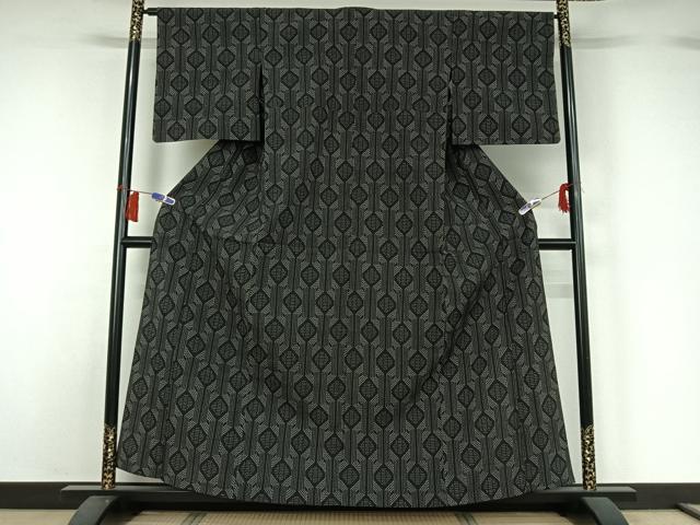 平和屋着物▽本塩沢　単衣　幾何学文様　正絹　逸品　AABH5641jh