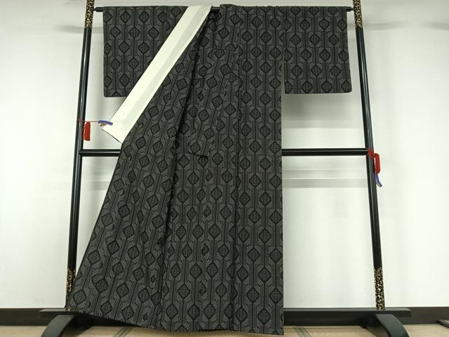 平和屋着物▽本塩沢　単衣　幾何学文様　正絹　逸品　AABH5641jh