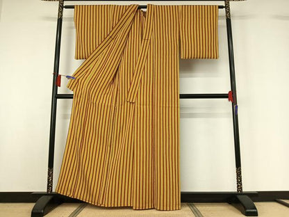 平和屋着物▽上質な小紋　単衣　縞　正絹　逸品　AABH5645jh