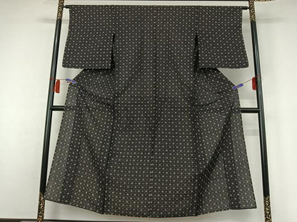平和屋着物▽上質な紬　単衣　幾何学文様　黒地　正絹　逸品　AABH5646jh