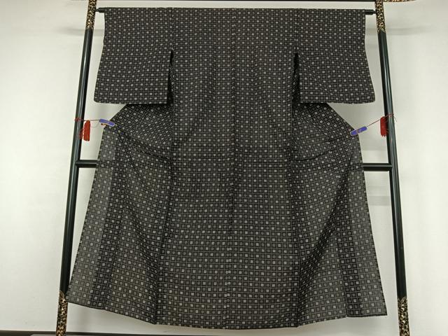 平和屋着物▽上質な紬　単衣　幾何学文様　黒地　正絹　逸品　AABH5646jh