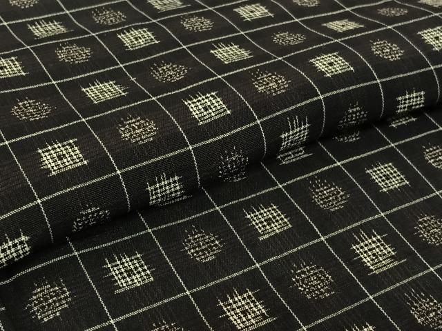 平和屋着物▽上質な紬　単衣　幾何学文様　黒地　正絹　逸品　AABH5646jh