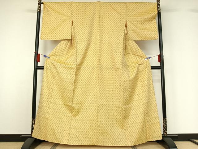 平和屋着物▽上質な紬　単衣　幾何学文様　正絹　逸品　AABH5651jh