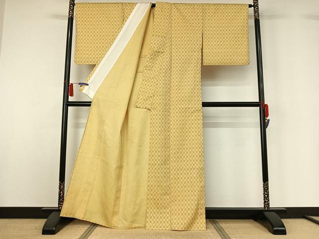 平和屋着物▽上質な紬　単衣　幾何学文様　正絹　逸品　AABH5651jh