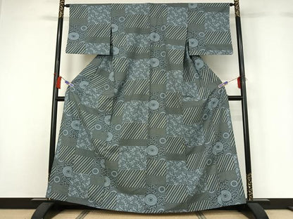 平和屋着物▽上質な小紋　単衣　紬地　草花文　正絹　逸品　AABH5652jh
