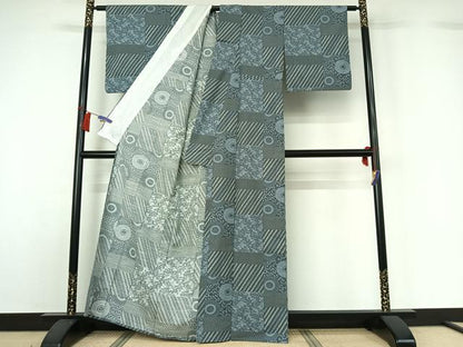 平和屋着物▽上質な小紋　単衣　紬地　草花文　正絹　逸品　AABH5652jh