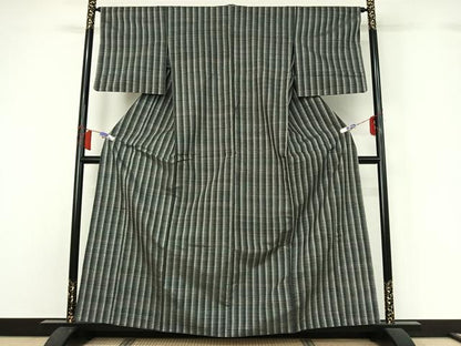平和屋着物▽上質な紬　単衣　横段文　正絹　逸品　AABH5653jh