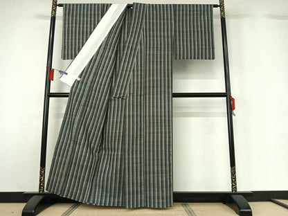 平和屋着物▽上質な紬　単衣　横段文　正絹　逸品　AABH5653jh