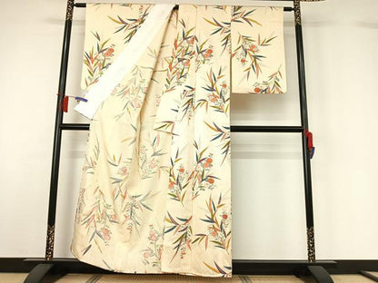 平和屋着物▽上質な小紋　単衣　草花文　正絹　逸品　AABH5655jh