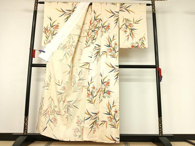 平和屋着物▽上質な小紋　単衣　草花文　正絹　逸品　AABH5655jh