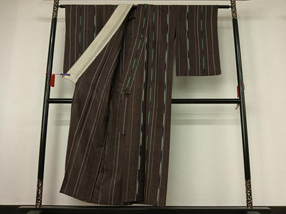 平和屋着物▽アンティーク　大正ロマン　紬　単衣　縞　正絹　逸品　AABH5662jh