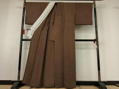 平和屋着物▽上質な色無地　単衣　立波地紋　涅色　正絹　逸品　AABH5667jh