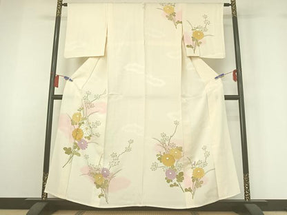 平和屋着物▽訪問着　単衣　手描き　駒刺繍　草花文　暈し染め　金彩　正絹　逸品　AABH5670jh