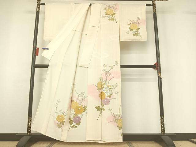 平和屋着物▽訪問着　単衣　手描き　駒刺繍　草花文　暈し染め　金彩　正絹　逸品　AABH5670jh 平和屋着物▽訪問着 単衣 手描き 駒刺繍 草花文 暈し染め