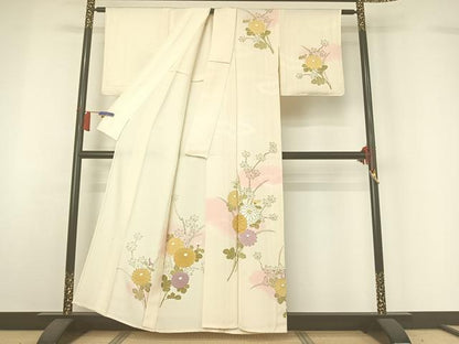 平和屋着物▽訪問着　単衣　手描き　駒刺繍　草花文　暈し染め　金彩　正絹　逸品　AABH5670jh