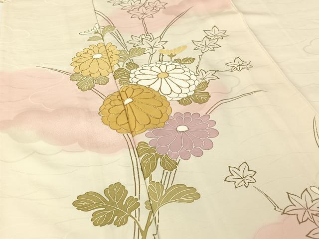 平和屋着物▽訪問着 単衣 手描き 駒刺繍 草花文 暈し染め