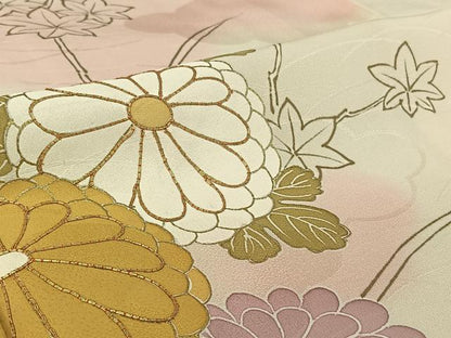 平和屋着物▽訪問着　単衣　手描き　駒刺繍　草花文　暈し染め　金彩　正絹　逸品　AABH5670jh