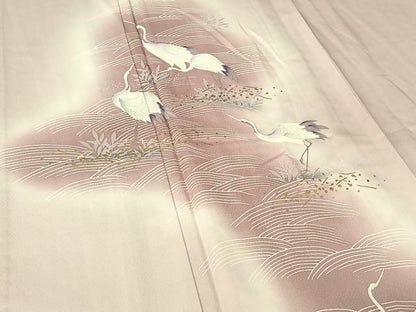 平和屋着物▽訪問着　単衣　流水文　鶴　暈し染め　金彩　正絹　逸品　AABH5671jh