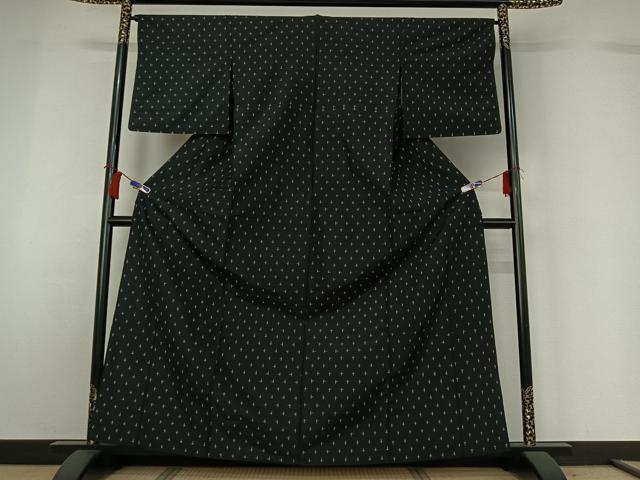 平和屋着物▽上質な紬　単衣　十字絣　黒地　正絹　逸品　AABH5674jh